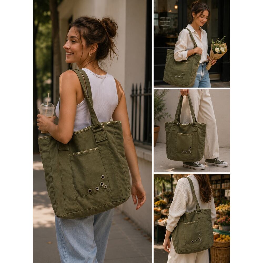 Army Green Canvas Tote Bag Boho Utility Shoulder Bag Oversized Carryall